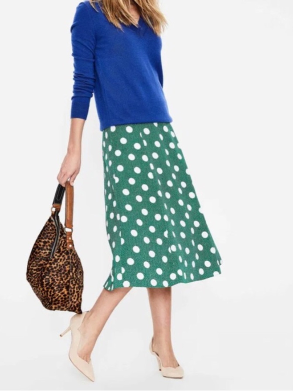 Boden Darlene MIDI Flare Green And White Polka Dot Skirt